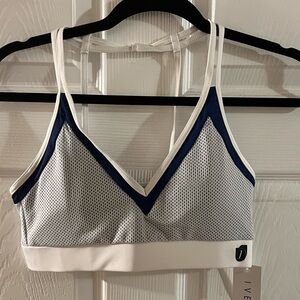 White and Blue Textured Sports Bra with Wide Straps